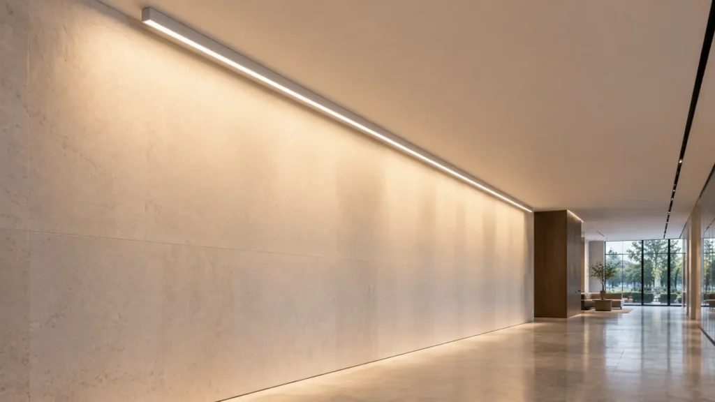 Surface mounted linear wall washer illuminating a vertical wall in a modern commercial interior