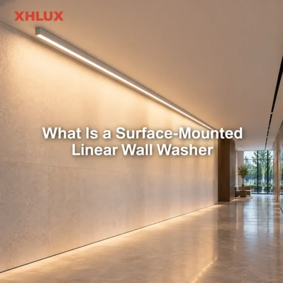 Surface mounted linear wall washer guide showing ceiling mounting and directional wall illumination