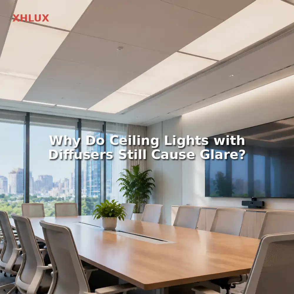 Ceiling lights with diffuser glare guide showing a luminous fixture and computer screen reflection